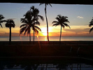 Sunrise over the beach with palm trees.